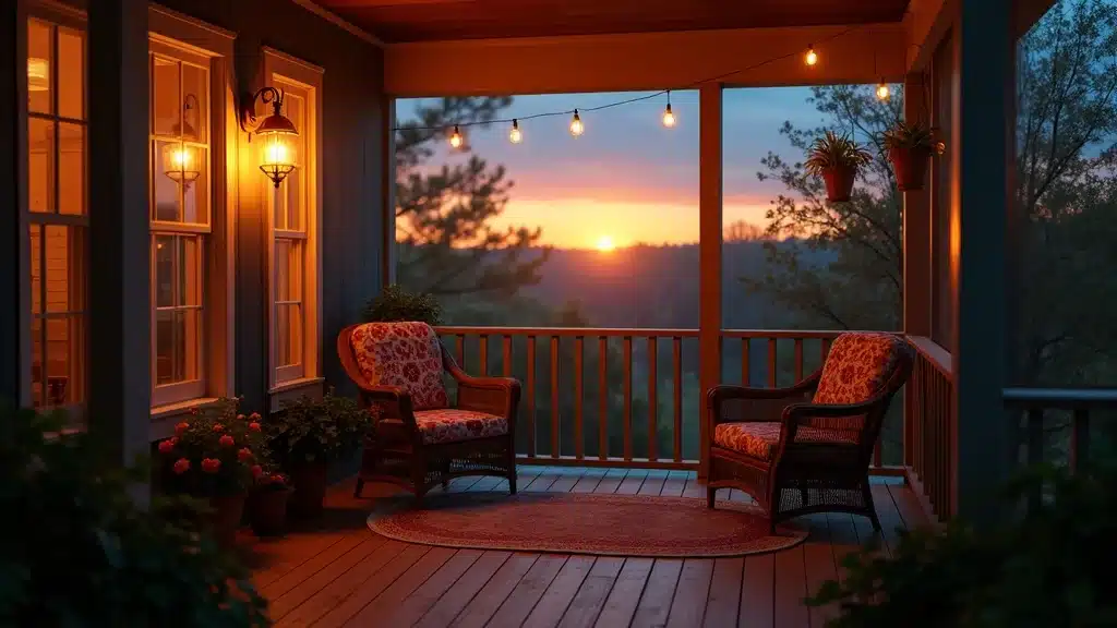 Charming completed screened porch at sunset on a southern-style Columbia SC home, warm deck lighting, comfortable chairs, potted plants, fireflies.