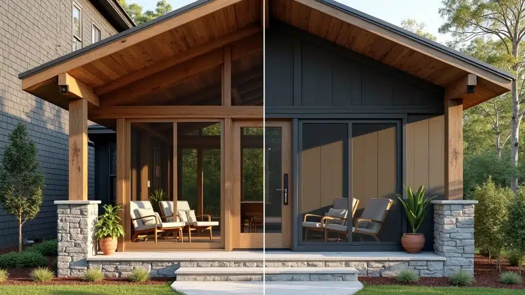 Rustic and modern screened porch comparison with real Columbia SC backyards, showing contrasting styles and details