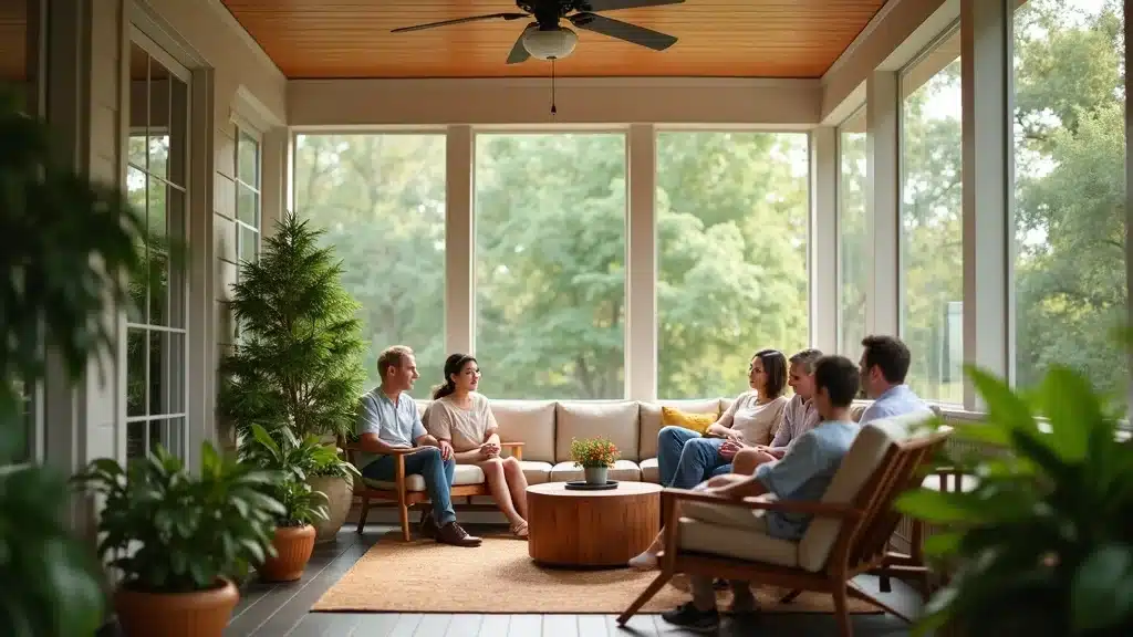 Inviting modern screened porch with family enjoying outdoor living in Columbia SC surrounded by lush greenery and natural wood furniture