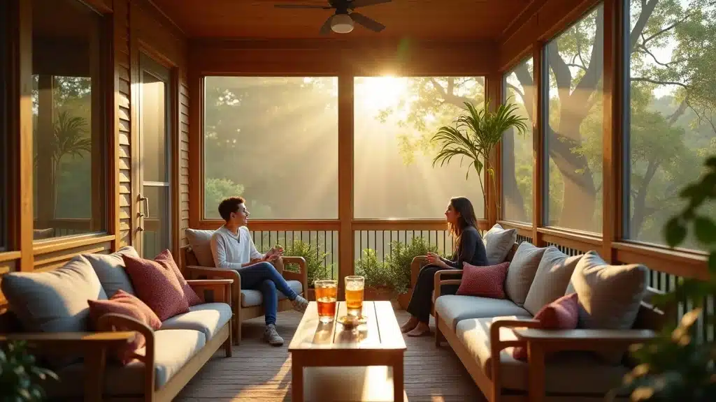 Inviting modern screened porch with natural wood framing and comfortable outdoor furniture in Columbia SC suburban backyard, sunlight filtering through screens.