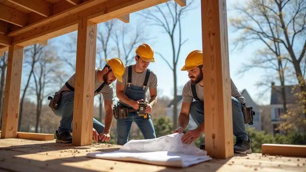 Busy local construction team building a screened porch on wood frame in Columbia neighborhood, blue sky and blooming trees.
