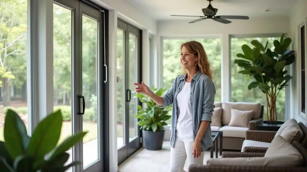 Modern screened porch feature showing a homeowner using retractable screens in a Columbia SC yard with greenery and modern decor