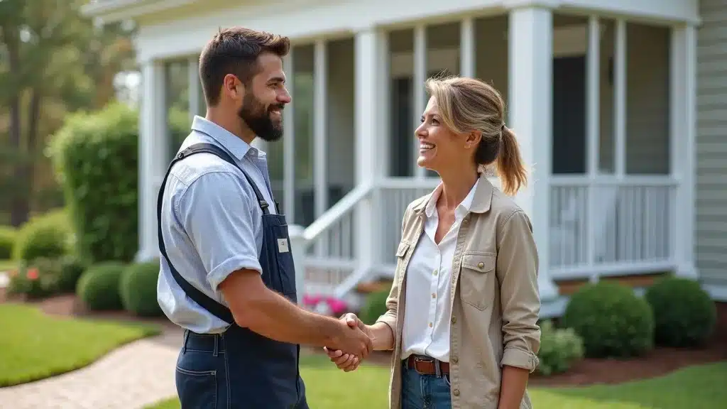 Professional outdoor living contractor shaking hands with a satisfied homeowner in front of a newly finished screened porch in Columbia SC.