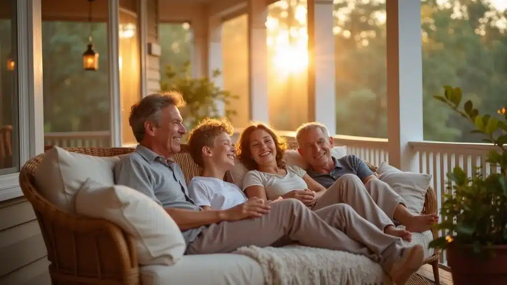 Family enjoying a bug-free screened porch in Columbia SC with cozy textiles and lantern-style lighting