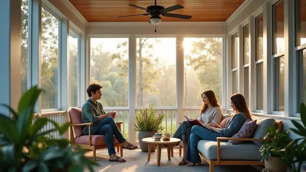 modern screened in porch in Columbia SC: cozy interior, ceiling fan, potted plants, and soft outdoor light