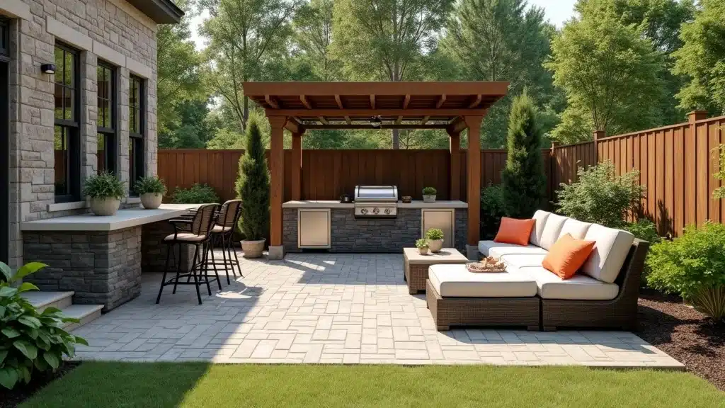 Columbia SC high-end outdoor living space featuring paver patio, built-in grill, and lush landscaping - full outdoor living