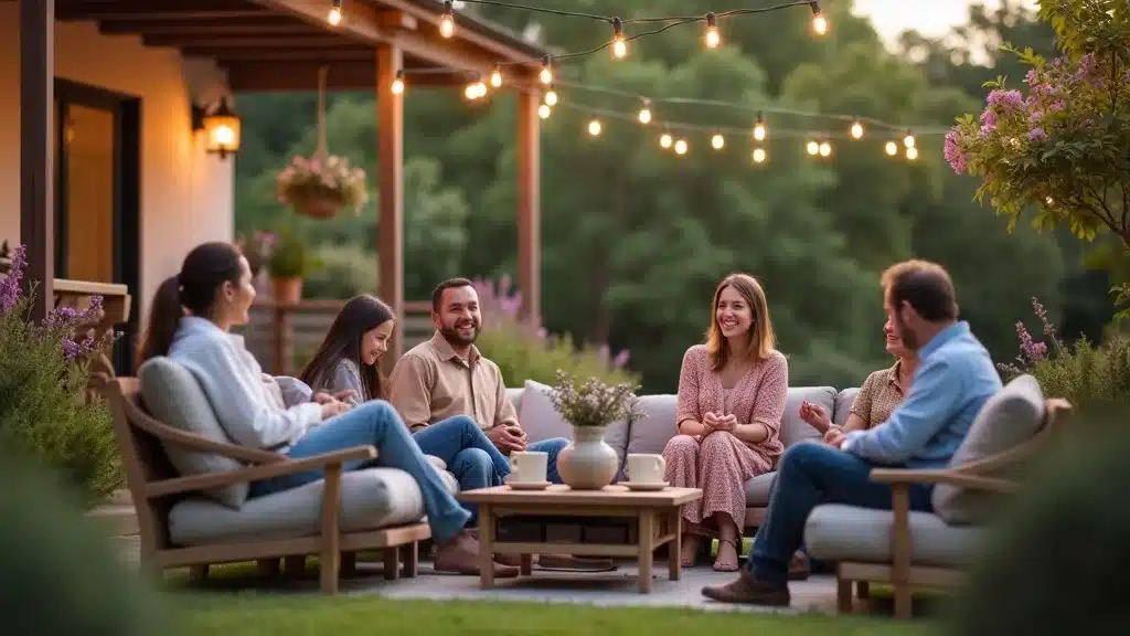 Vibrant family gathering in a modern outdoor living space in Columbia SC, showcasing Southern architecture, patio furniture, and blooming flowers under string lights with kids playing nearby.