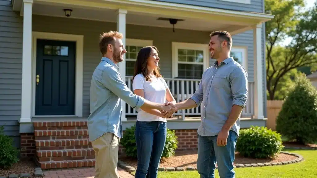 happy homeowners with new porch construction in Columbia SC, contractor handshake