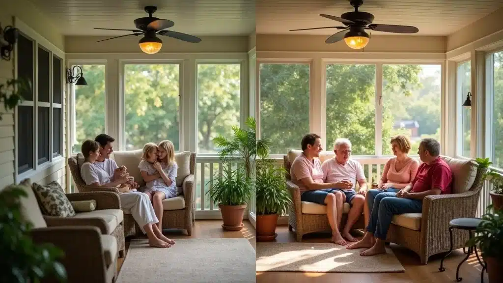 screened porch vs open porch in Columbia SC: families enjoying comfort and fresh air