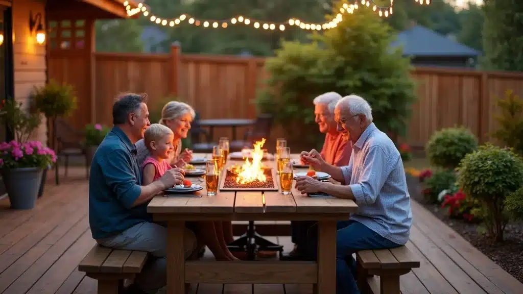 custom decks in Columbia SC with outdoor dining and entertaining features, firepit, and lighting