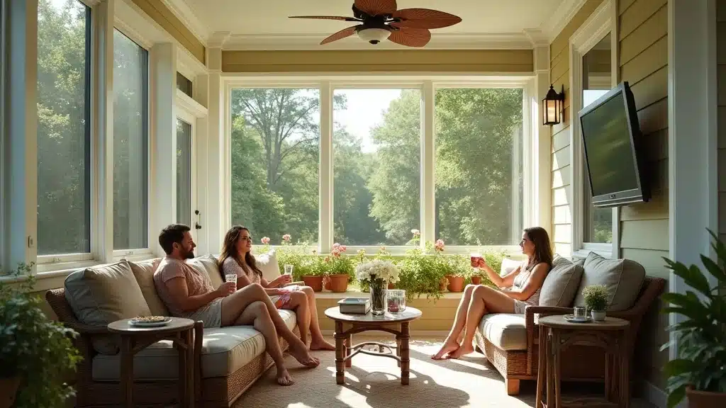 Elegant screen porch in Columbia SC with comfortable seating amid shady trees and visible screens for bug protection.