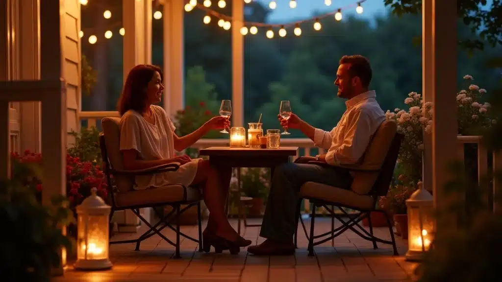 screened porch in Columbia SC with string lights, cozy seating, and garden views