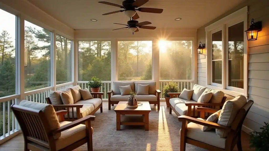 Inviting Columbia SC screened-in porch with natural wood and cozy outdoor furniture - columbia sc porch home improvement costs