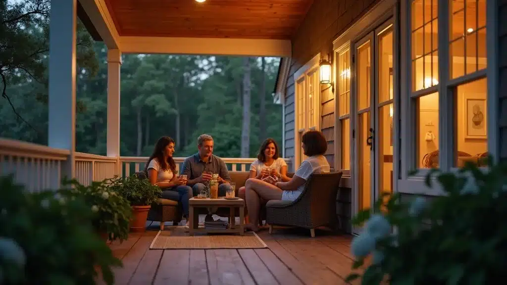 porch construction value options in Columbia SC featuring a screened porch with comfortable seating and ambient lighting in South Carolina suburb