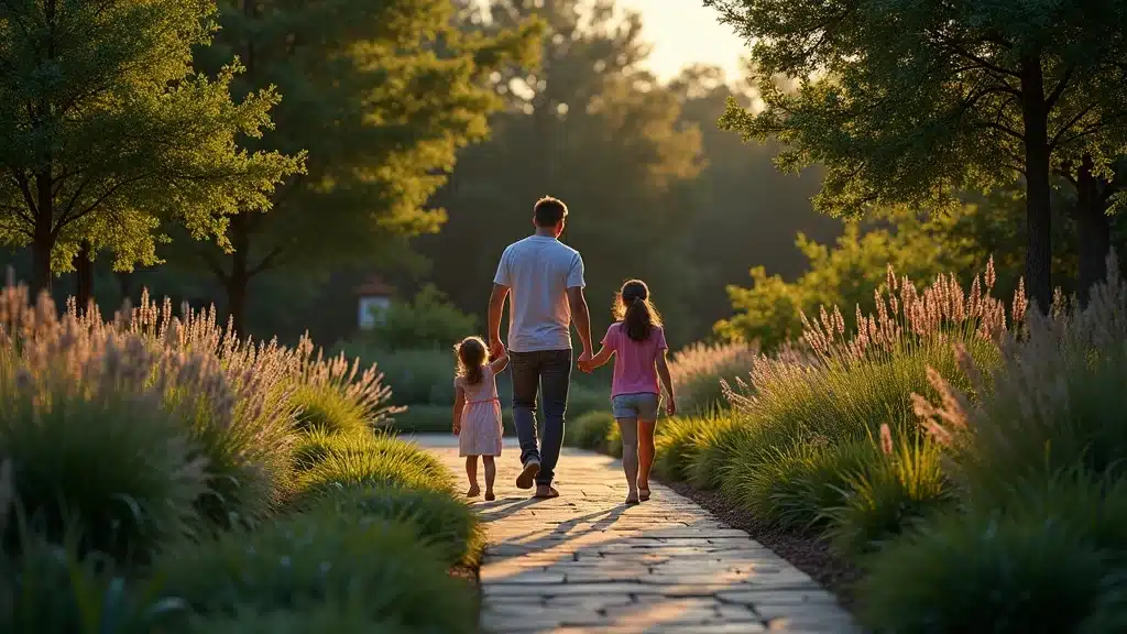 Lush, drought-tolerant landscape design in Columbia SC with native plants and evening pathway lighting.
