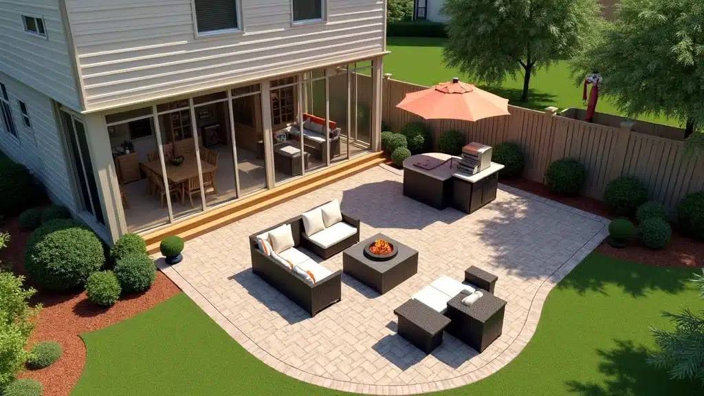 Sunny Columbia SC backyard with multiple outdoor zones including screen porch, grilling station, fire pit, and lounge deck.