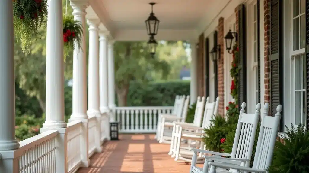 Stately Southern front porch construction in South Carolina with elegant columns and landscaping