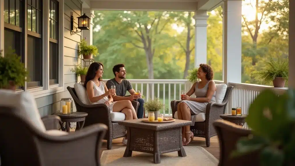 screen porch cost estimate in Columbia SC: inviting screened porch exterior with welcoming faces relaxing in a sunny Columbia SC backyard, photorealistic