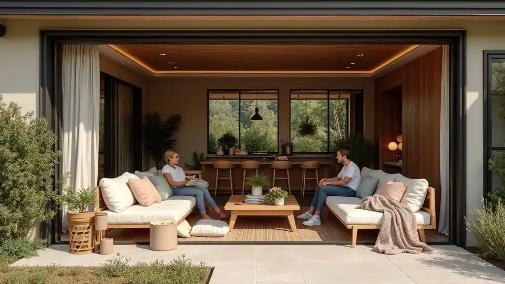 Chic outdoor living space with seamless indoor-outdoor connections in Columbia SC, featuring open patio seating and mature landscaping.
