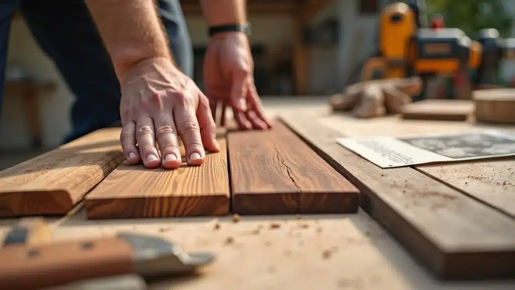 deck building material choices for porch construction in Columbia SC, showing composite and wood options on a workbench