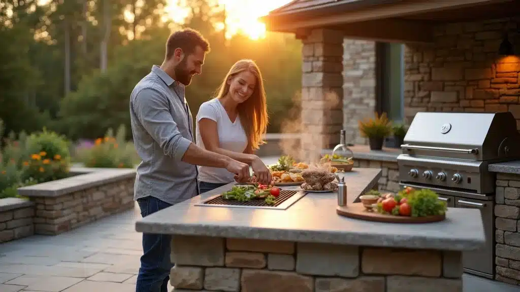 Stylish outdoor kitchen and grilling area in a Columbia SC backyard, showing modern built-in appliances and a joyful group preparing food.