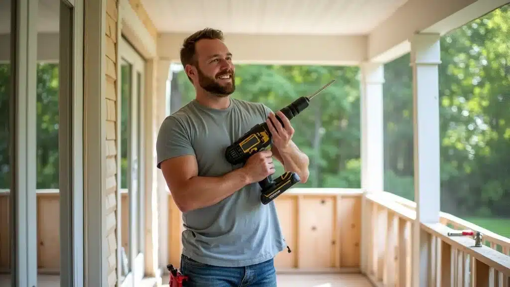 DIY screen porch kit assembly in Columbia SC with homeowner using power drill outdoors