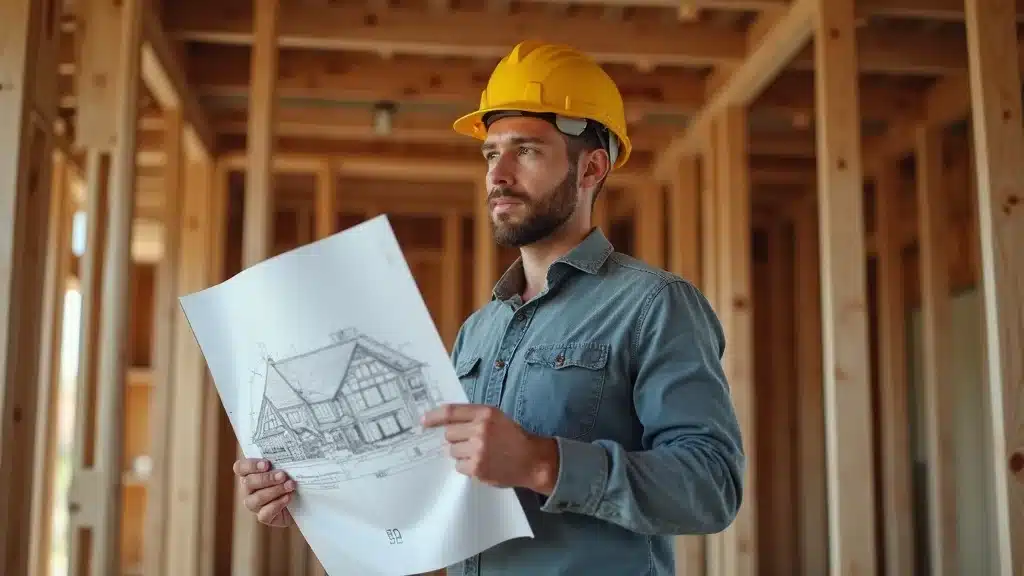 Professional home builder at a Columbia SC new build site, reviewing blueprints with focus—detailed, exposed framing, daylight, and modern planning tools.