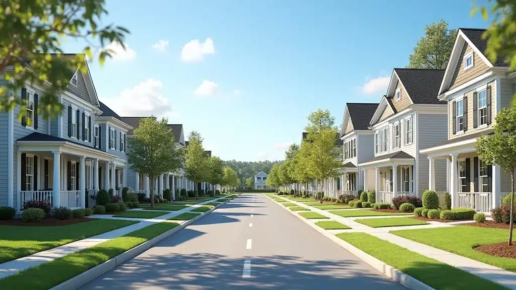 Inviting new construction neighborhood street in Columbia SC with vibrant newly built homes, manicured lawns, and outdoor spaces including small porches—rendered photorealistically.
