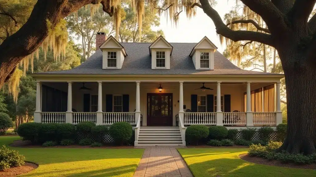 Classic Southern home exterior with a timeless wraparound screened porch, mature trees, and rocking chairs—nostalgic, photorealistic in a South Carolina setting.