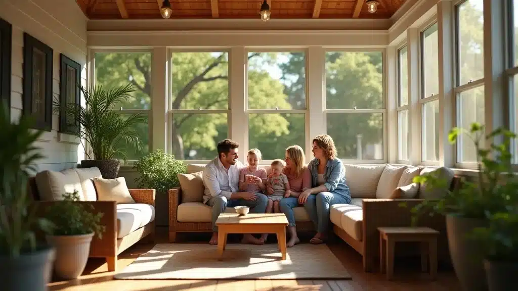 Modern Columbia SC screened porch addition with a relaxed family, cozy décor, and lush backyard—photorealistic, warm, and inviting.