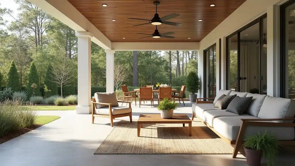 Trendy outdoor living space in a South Carolina new build: stylish patio with open and screened sections, modern furniture, and green landscaping.